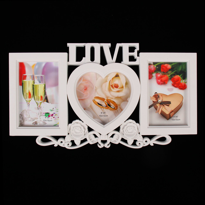 Фоторамка пластик на 3 фото 9х13, 10х15 см "Любовь и розы" белая 22х40,5 см