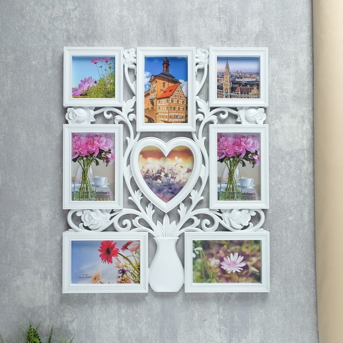 Фоторамка пластик на 8 фото 10х10, 13х13, 10х15 см "Ваза с розами" белая 49х41,5 см