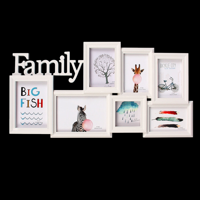 Фоторамка пластик на 7 фото 10х10, 10х15, 13х18, 15х20 см "Семья" белая 33,5х65 см