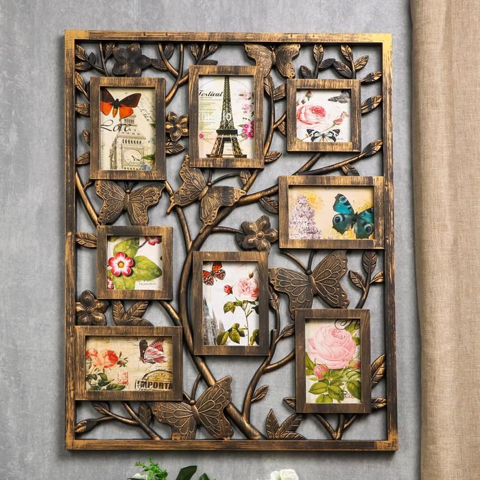 Фоторамка пластик на 8 фото 10х10, 10х15 см "Бабочки на деревце" тёмное золото 69х53 см
