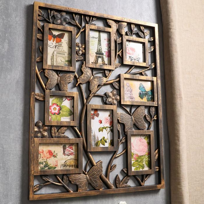 Фоторамка пластик на 8 фото 10х10, 10х15 см "Бабочки на деревце" тёмное золото 69х53 см
