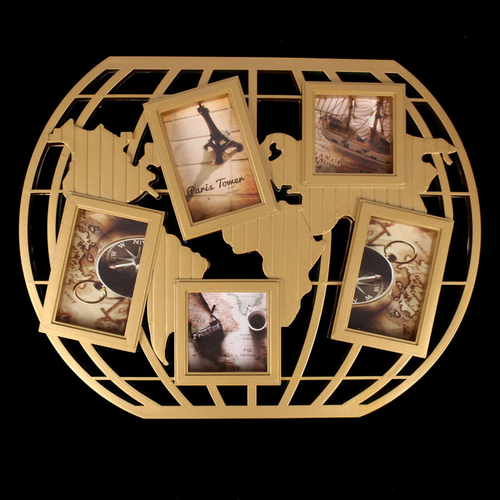 Фоторамка пластик на 5 фото 10х10, 10х15 см "Карта" золото 41,5х53 см