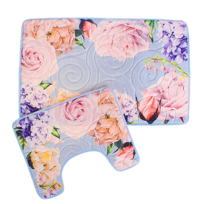 Набор ковриков для ванной и туалета "Розы на голубом" 2 шт, 80х50, 50x40 см, разноцветный