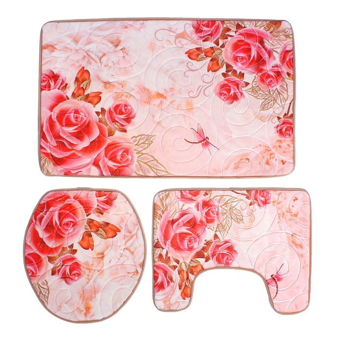 Набор ковриков для ванной и туалета 3 шт "Розы на камнях"