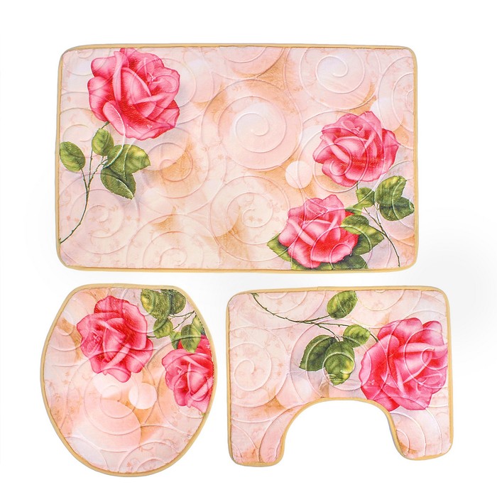 Набор ковриков для ванной и туалета 3 шт "Розы"