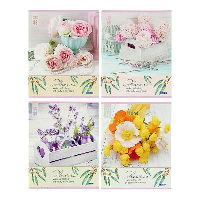 Тетрадь 96 листов клетка "Нежные цветы-3", обложка мелованный картон, 4 вида МИКС
