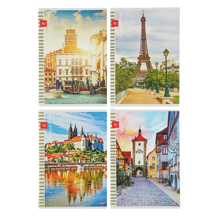 Тетрадь 96 листов клетка "Европейские виды-2", обложка картон хромэрзац, белизна блока 82-86%