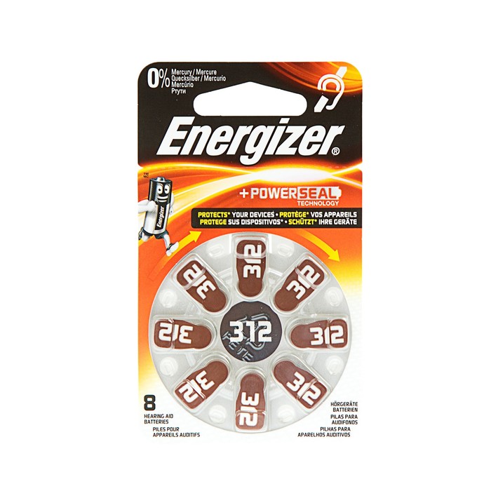Батарейка цинковая Energizer (для слухового аппарата), 312, PR41-8BL, блистер, 8 шт.