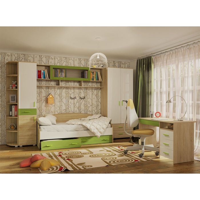 Кровать Максимка-2 840x651х1932 Дуб сонома/белый глянец/зеленое яблоко