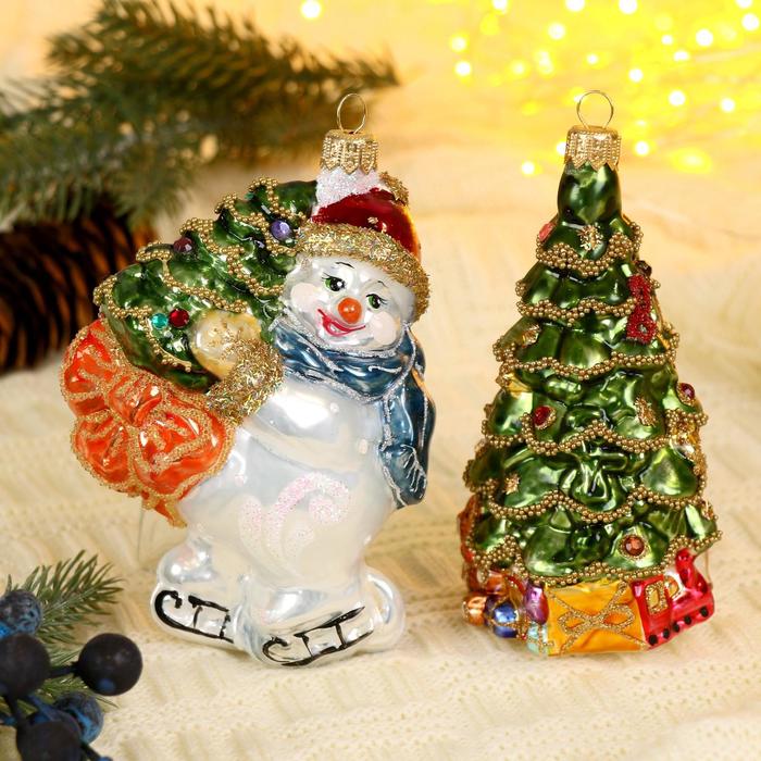 Набор новогодних игрушек "Снеговик на коньках с ёлкой, ёлка"