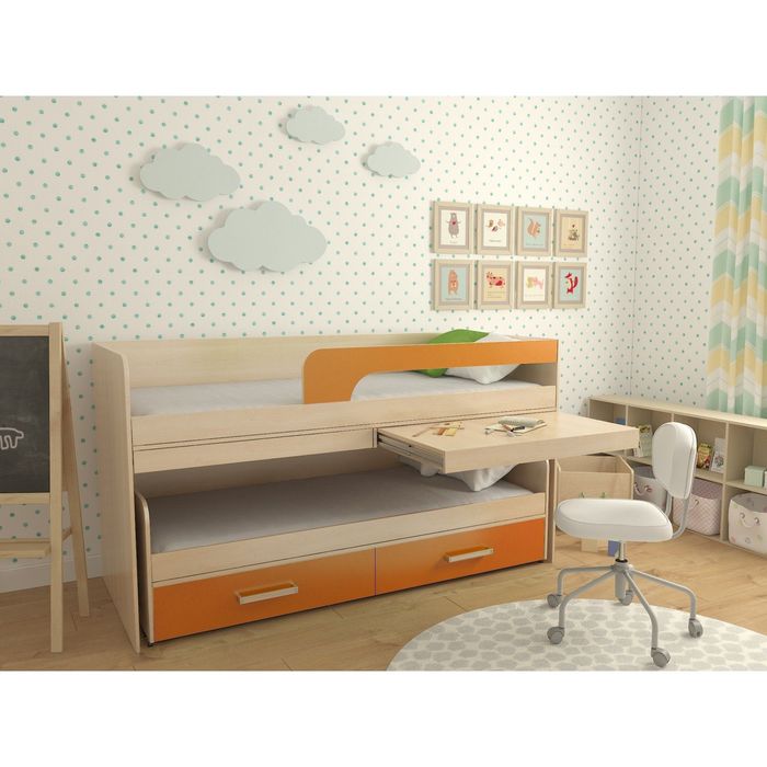 Кровать 2-ярусная №11, дуб молочный/оранжевый, с матрасами