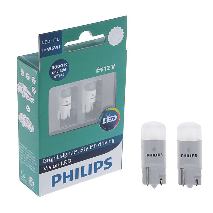 Лампа автомобильная Philips, W5W, 12 В, 1 Вт, LED 6000K, набор 2 шт.