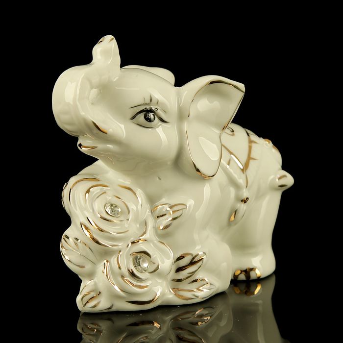 Сувенир керамика "Белый слонёнок с розами" страза 9х4,5х10 см