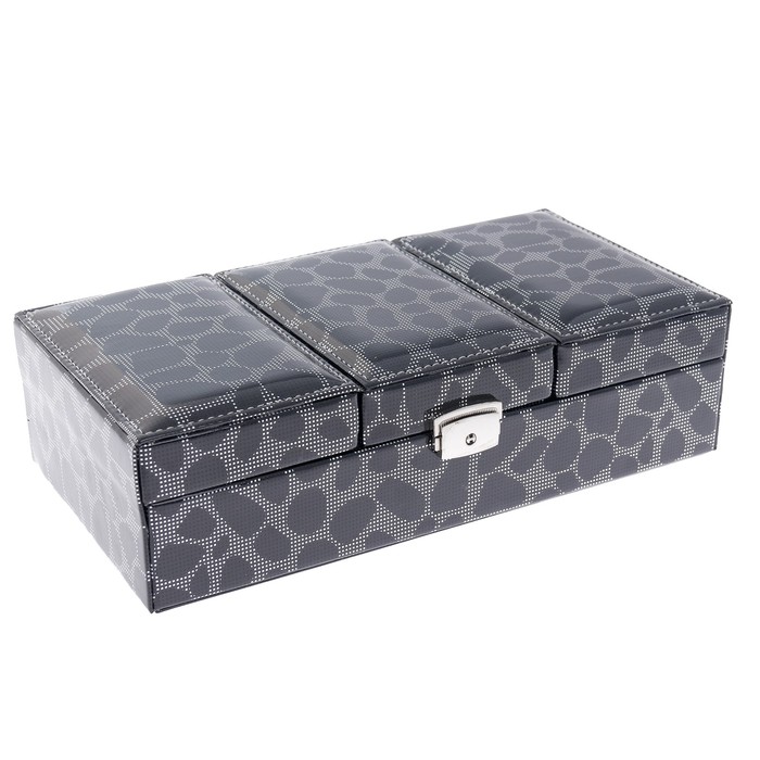 Шкатулка кожзам под часы 3 отделения и бижутерию "Черный леопард" 8,5х30,5х15,5 см