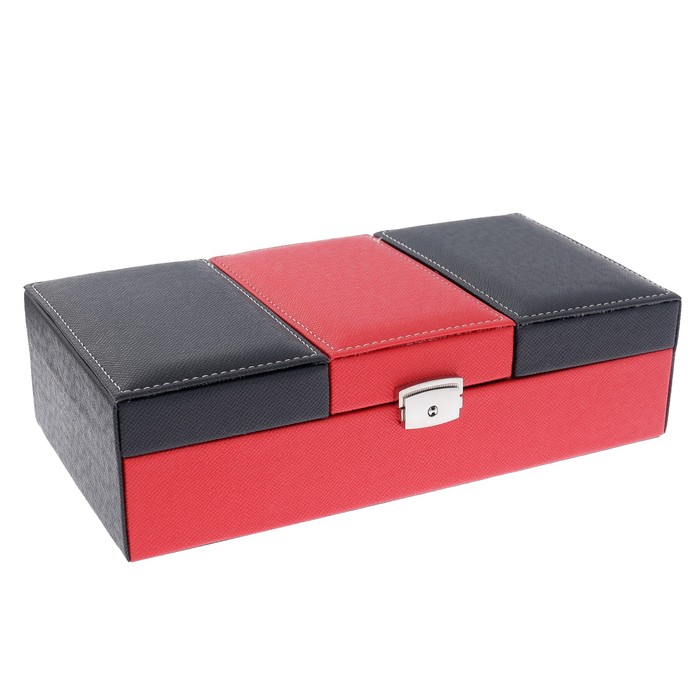 Шкатулка кожзам под часы 3 отделения и бижутерию "Черное и красное" 8,5х30,5х15,5 см