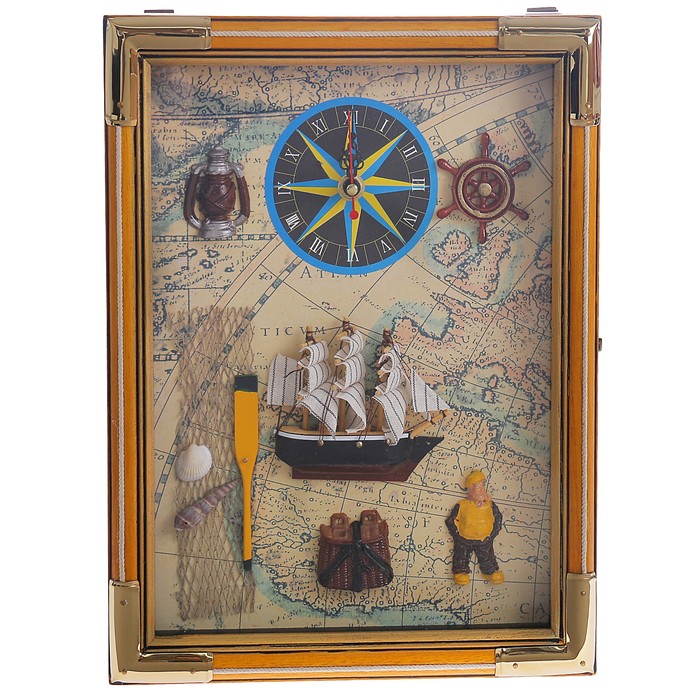 Ключница дерево 6 крючков с часами "Рыбацкая лодка" 33,5х25х7 см