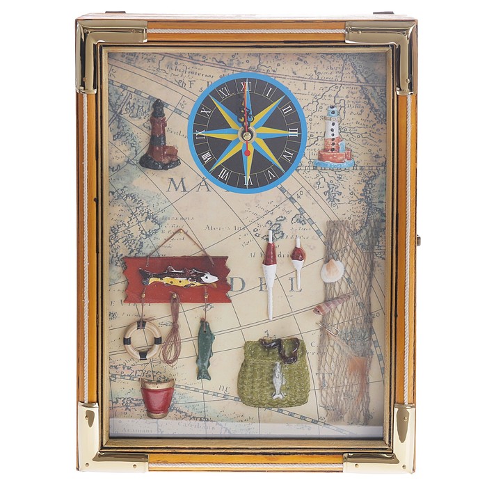 Ключница дерево 6 крючков с часами "Хороший улов" 33,5х25х7 см