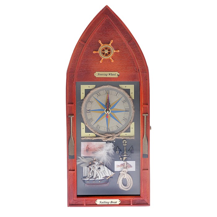 Ключница дерево 6 крючков с часами лодка "Корабль" 33,5х25х7 см