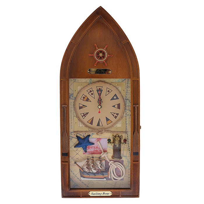Ключница дерево 6 крючков с часами "Морское путешествие" 33,5х25х7 см
