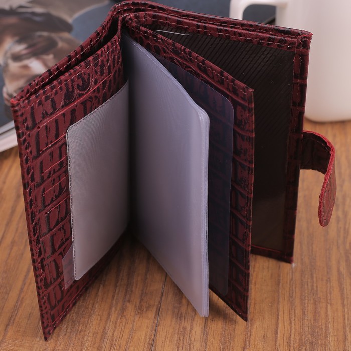 Обложка для автодокументов и паспорта, отдел для купюр, карманы для карт, кайман, цвет бордовый