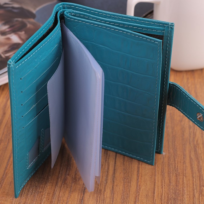 Обложка для автодокументов и паспорта, отдел для купюр, карманы для карт, кайман, цвет бирюзовый