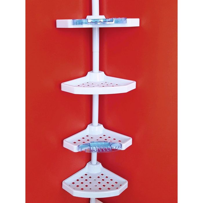 Полка угловая, пластиковая трубка, 4 полки, 2 крючка, 2 голубые мыльницы, цвет белый