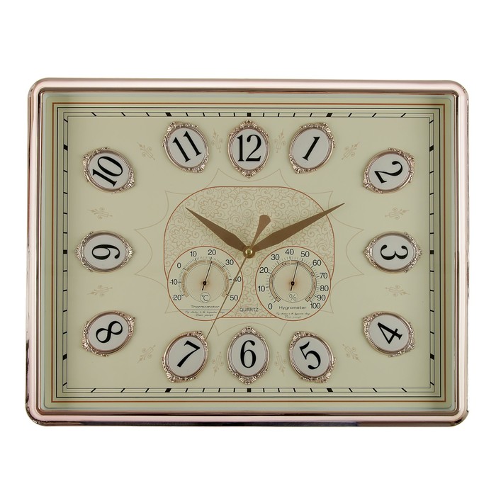 Часы настенные «Цифры в овалах», прямоугольные, термометр, гигрометр, бронзовые, 48х38 см