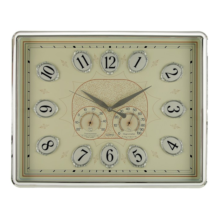 Часы настенные «Цифры в овалах», прямоугольные, термометр, гигрометр, хромир-е, 48х38 см