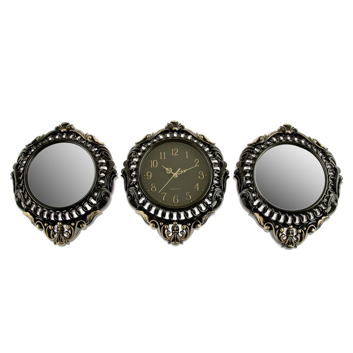 Часы 3в1 с зеркалом, с ажурными удлиненными краями, металл, чёрные, d=30 см