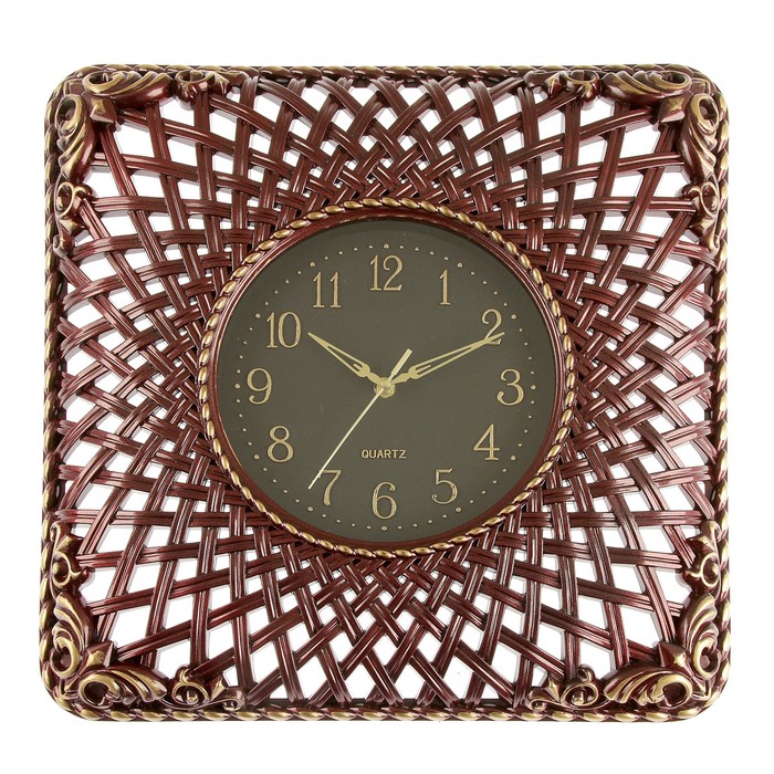Часы настенные, квадратные, циф-т маленький, рама-плетение, пластик, бордовые, 45х45 см