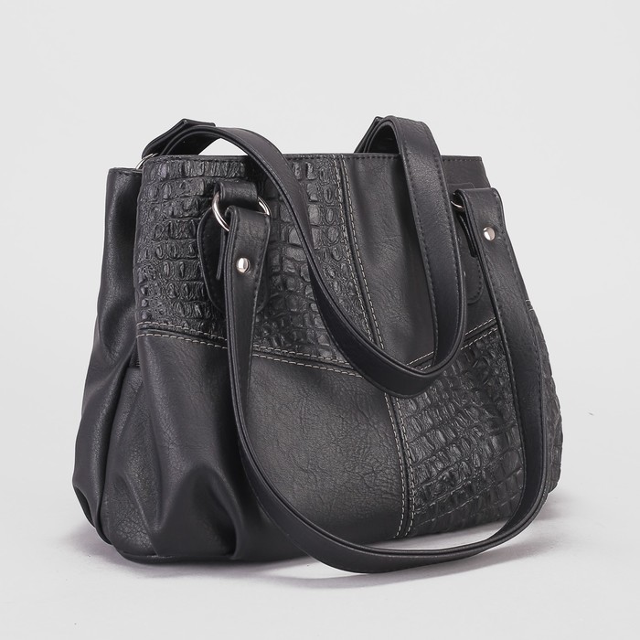 Сумка женская, 3 отдела на молниях, наружный карман, крокодил, цвет чёрный