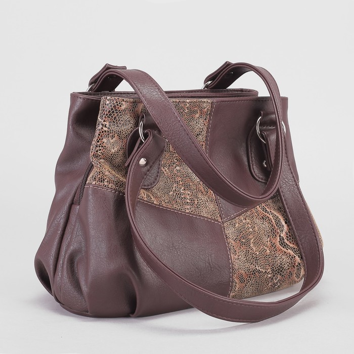 Сумка женская, 3 отдела на молниях, наружный карман, крокодил коричневый