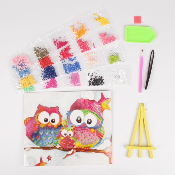 Алмазная вышивка с частичным заполнением "Милые совушки" с подставкой