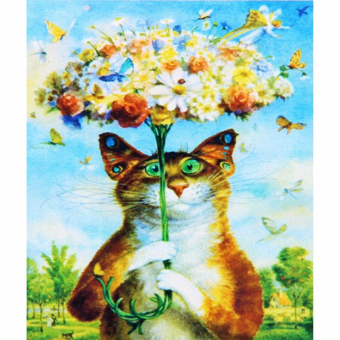 Алмазная вышивка с частичным заполнением "Кот с цветами" с подставкой