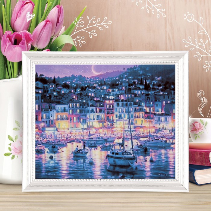 Роспись по холсту "Пристань в ночи" по номерам с красками по 3 мл+ кисти+крепеж 30*40