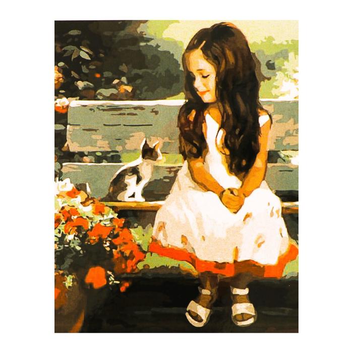 Роспись по холсту "Девочка с котенком" по номерам с красками по 3 мл+ кисти+крепеж 30*40