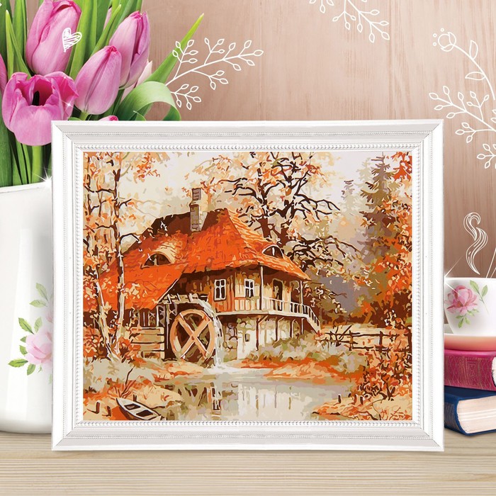 Роспись по холсту "Дом в лесу" по номерам с красками по 3 мл+ кисти+крепеж 30*40
