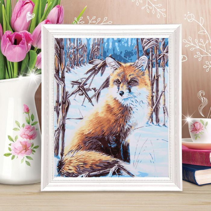 Роспись по холсту "Лис в зимнем лесу" по номерам с красками по 3 мл+ кисти+крепеж 30*40