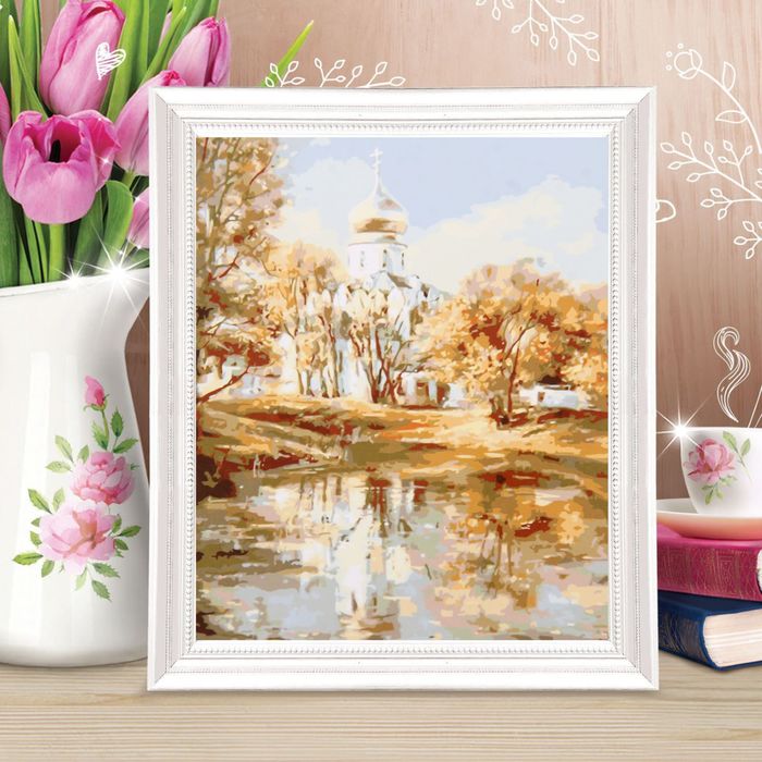 Роспись по холсту "Церковь у озера" по номерам с красками по 3 мл+ кисти+крепеж 30*40