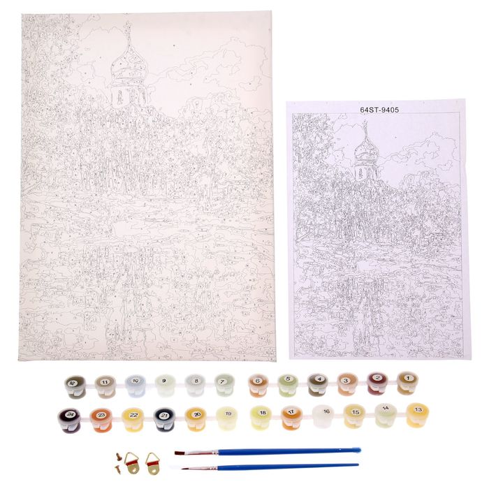 Роспись по холсту "Церковь у озера" по номерам с красками по 3 мл+ кисти+крепеж 30*40