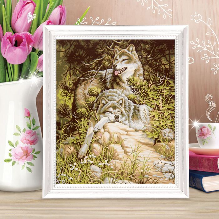 Роспись по холсту "Отдыхающие волки" по номерам с красками по 3 мл+ кисти+крепеж 30*40