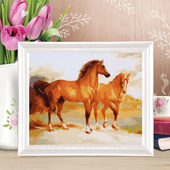 Роспись по холсту "Два кауровых жеребца" по номерам с красками по 3 мл+ кисти+крепеж 30*40