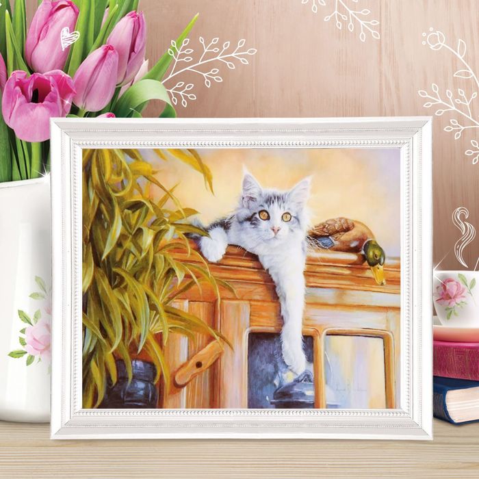 Роспись по холсту "Кот на камоде" по номерам с красками по 3 мл+ кисти+крепеж 30*40