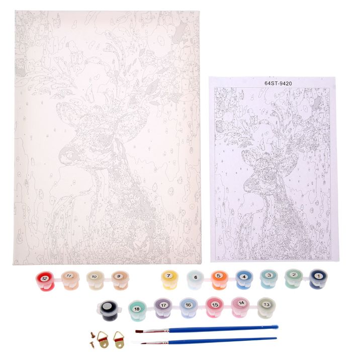 Роспись по холсту "Цветной олень" по номерам с красками по 3 мл+ кисти+крепеж 30*40