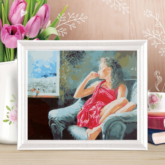 Роспись по холсту "Задумчивая девушка" по номерам с красками по3 мл+ кисти+крепеж 30*40