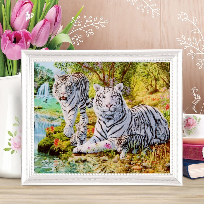 Роспись по холсту "Белые тигры" по номерам с красками по3 мл+ кисти+инстр-я+крепеж 30*40