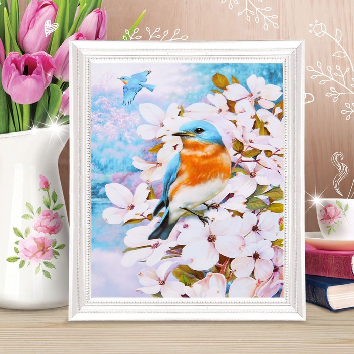 Роспись по холсту "Птички в цветах" по номерам с красками по3 мл+ кисти+инстр-я+крепеж30*40