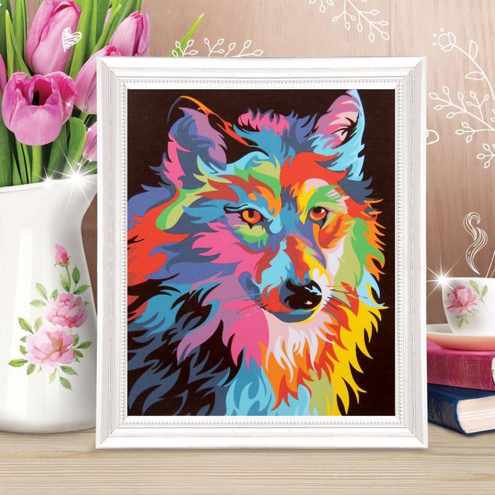 Роспись по холсту "Волк разноцветный" по номерам с красками по 3 мл+ кисти+крепеж 30*40