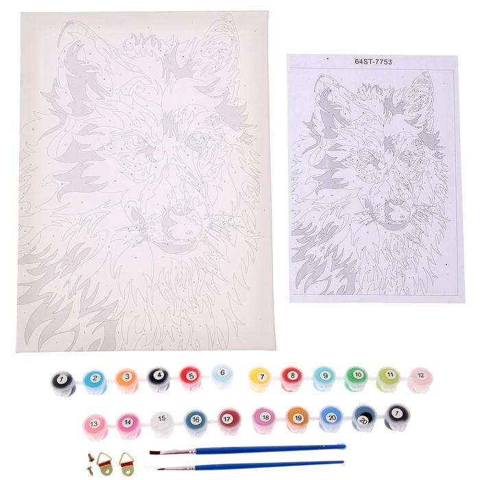 Роспись по холсту "Волк разноцветный" по номерам с красками по 3 мл+ кисти+крепеж 30*40