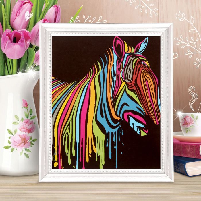 Роспись по холсту "Зебра разноцветная" по номерам с красками по 3 мл+ кисти+крепеж 30*40